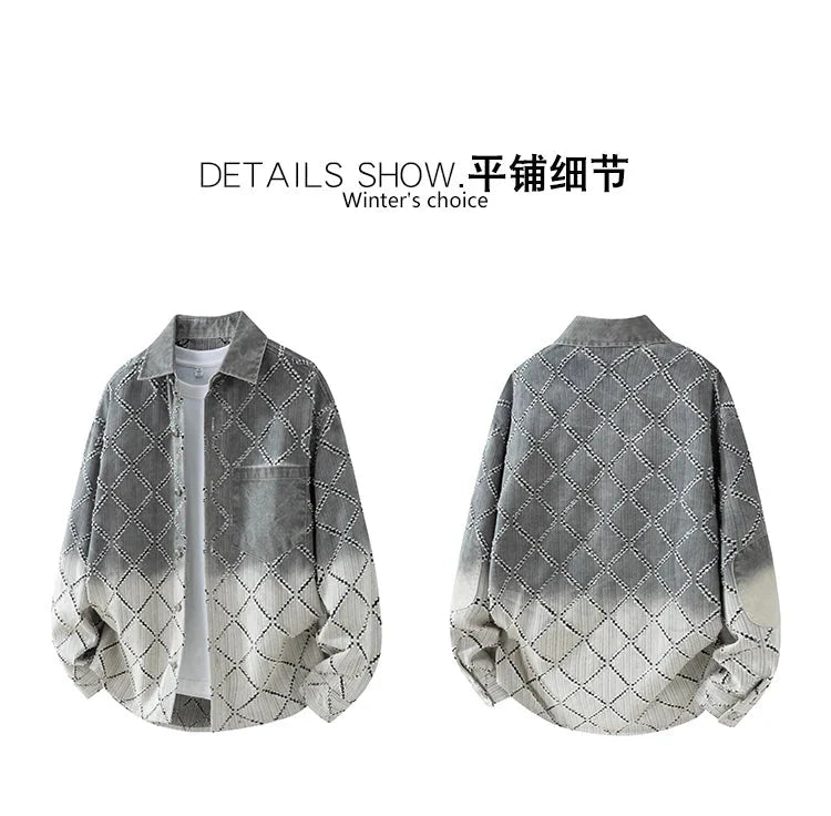 Gradient Ripped Plaid Shirt Men Streetwear Fashion Loose Casual Long Sleeve Oversize Cargo Shirts Cardigan Coat Blouses