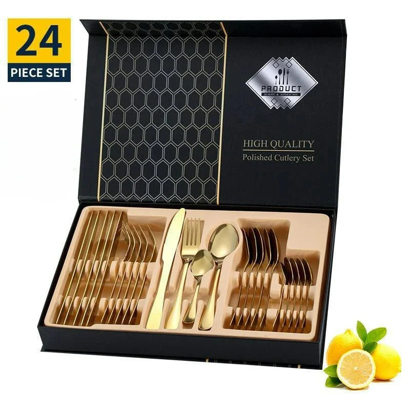24-Piece Silverware Set with Steak Knives Forks Spoons,Stainless Steel Flatware ,Tableware Cutlery Service for 6,Dishwasher Safe
