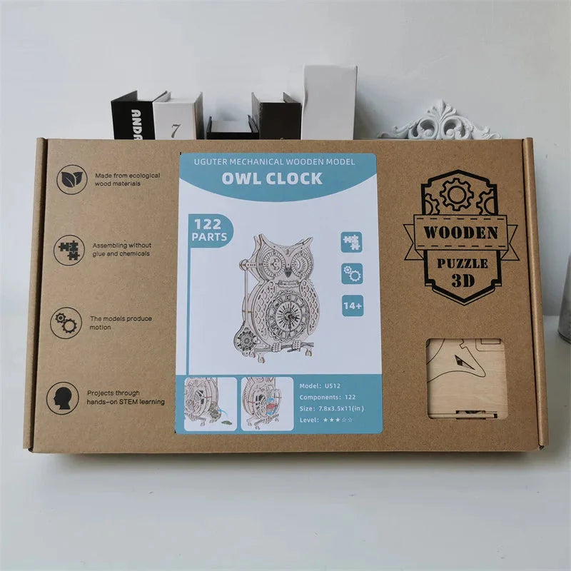 Wooden Puzzle 3D Owl Clock Model Building Kits Creative DIY Wall Clock Mechanical Retro Pendulum Clock Assembly Toy for Adults