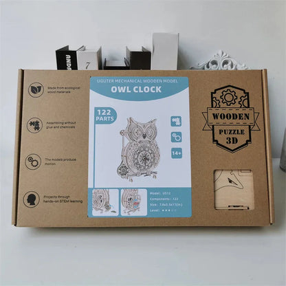 Wooden Puzzle 3D Owl Clock Model Building Kits Creative DIY Wall Clock Mechanical Retro Pendulum Clock Assembly Toy for Adults
