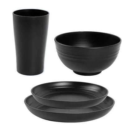 4/16Pcs Black Plastic Cutlery Set Reusable Plates Bowl Cups 4 Sets for Kitchen Outdoor Camping Party Dinnerware Dishes Set