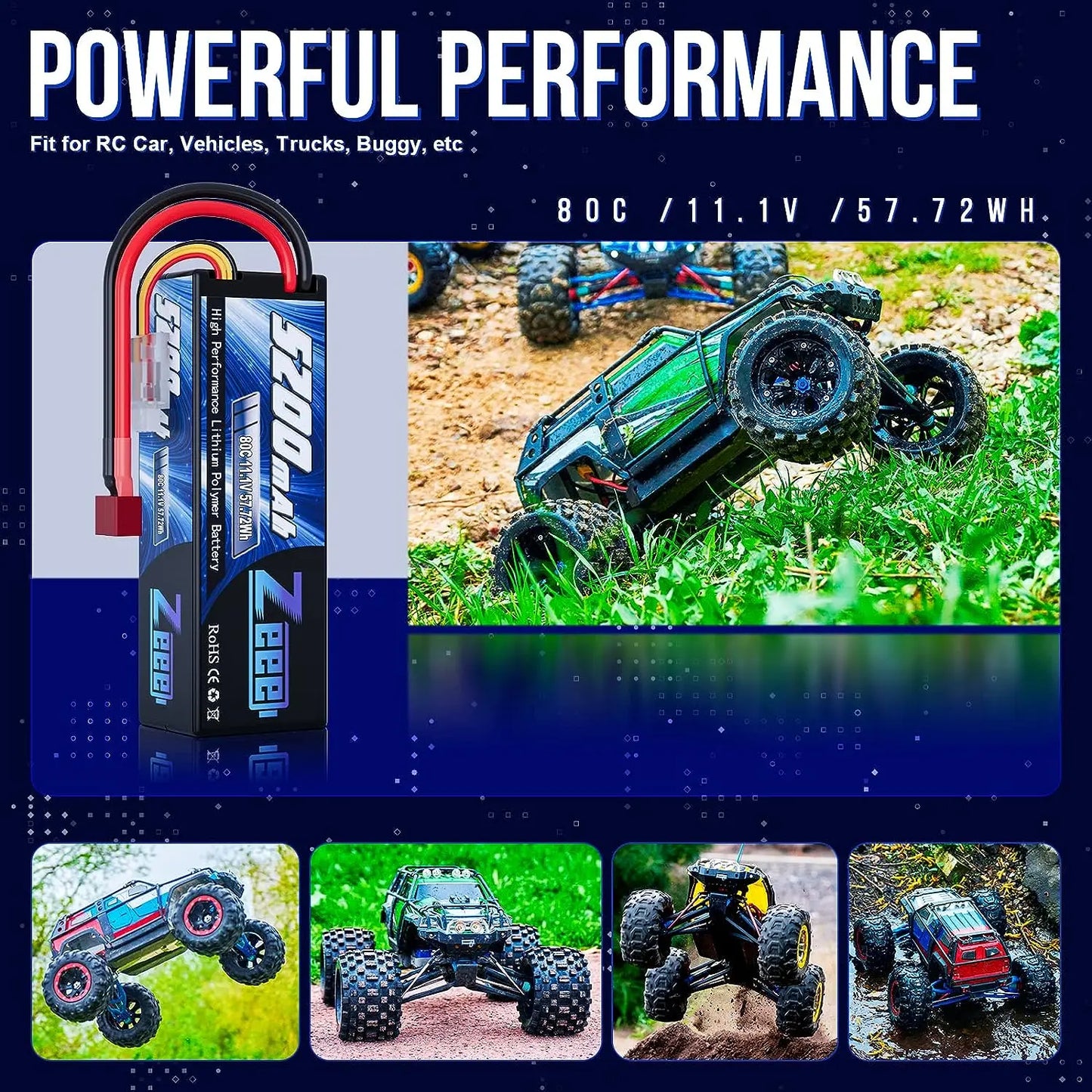 Zeee 3S LiPo RC Battery 11.1V 5200mAh 80C Hardcase w/ Plugs