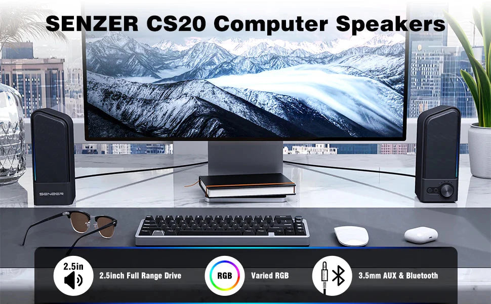 SENZER Computer Speakers-Gaming Speaker with Stereo Sound,PC Sound Bar for Laptop Desktop Monitor (Bluetooth & 3.5mm Aux)