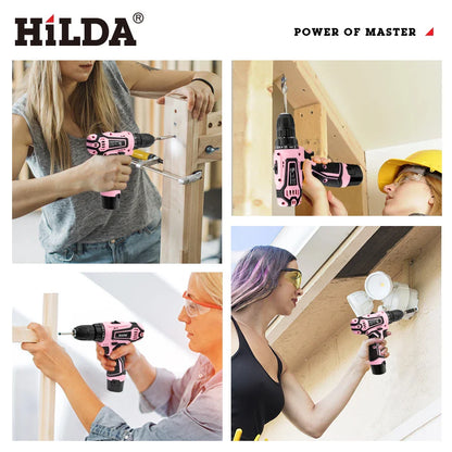 HILDA 21V Pink Drill Electric Drill Electric Screwdriver  Cordless Drill Mini Wireless Power Tools Lithium-Ion Battery