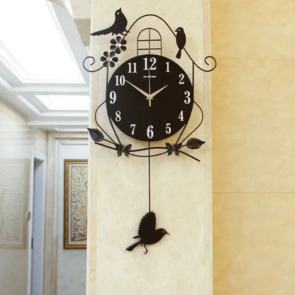 Creative Black Iron Swing Hanging Bird Wall Clock, Durable, Electronic, Large, Arts And Crafts, Modern Design