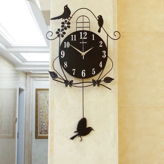 Creative Black Iron Swing Hanging Bird Wall Clock, Durable, Electronic, Large, Arts And Crafts, Modern Design