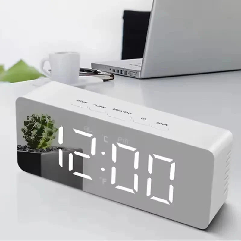 1Pc White Digital Clock LED Mirror Table Clock Snooze Display Time Night Light Desktop USB Alarm Clock Home Decor Desk Clock