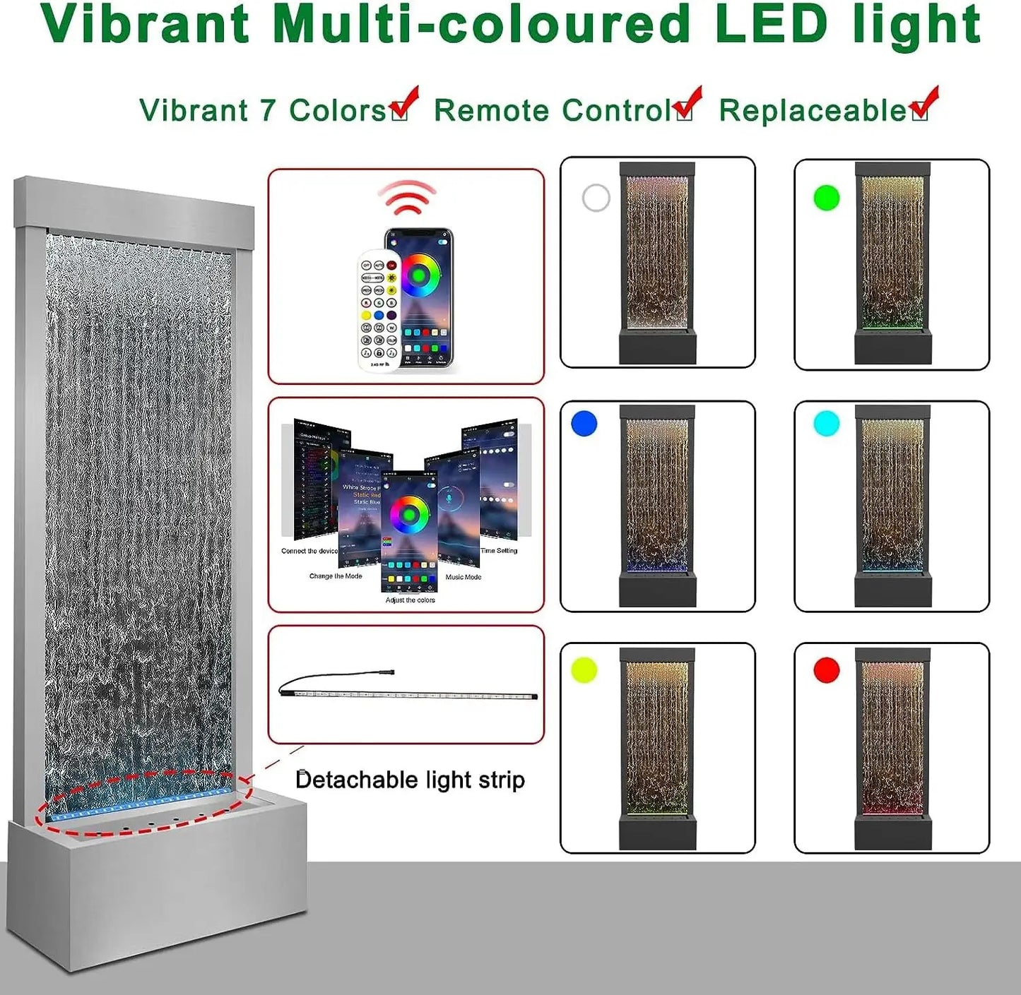 Mirror Waterfall Fountain Indoor, 48" Water Feature With 7 Colors Light, Self-Contained LED Kit, Large Stainless Steel Home Deco