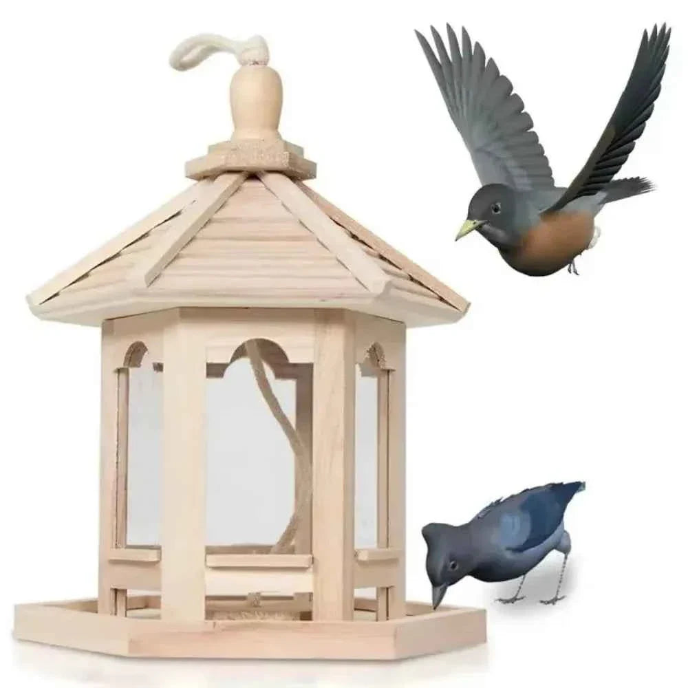 Creative House Shape Bird Feeder House Hanging Wooden Pet Feeder Box Bird Food Dispenser Outdoor