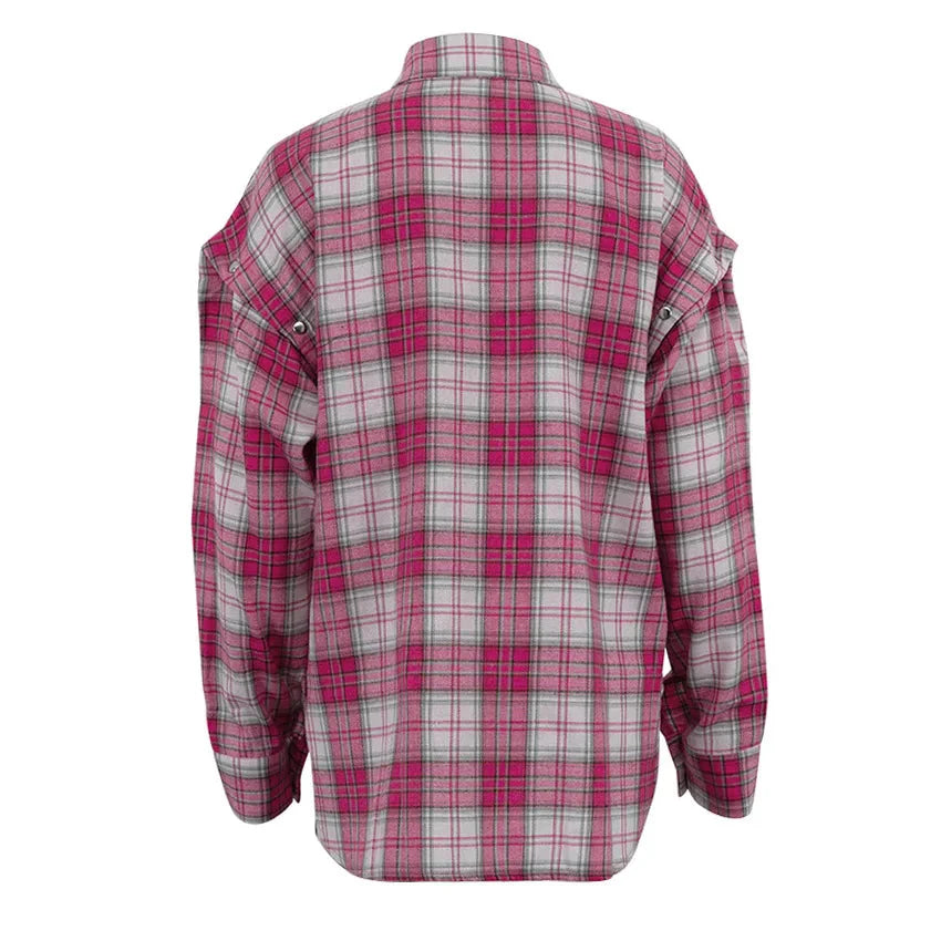 Pink Plaid Shirt for Women in Europe and America New Versatile Loose Shirt for Women Removable Long-sleeved Lapel Top