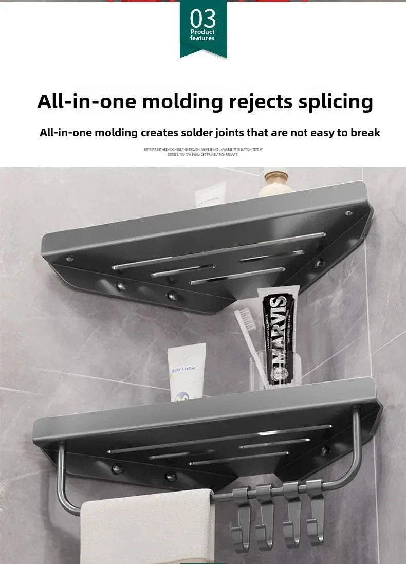 Bathroom Triangle Drain Shelf No Drilling Wall Mounted Cosmetic and Toiletries Hollow Carbon Steel Shelf with Hooks