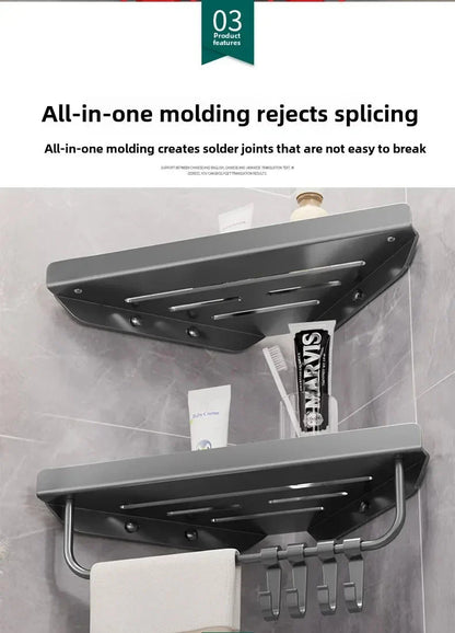 Bathroom Triangle Drain Shelf No Drilling Wall Mounted Cosmetic and Toiletries Hollow Carbon Steel Shelf with Hooks