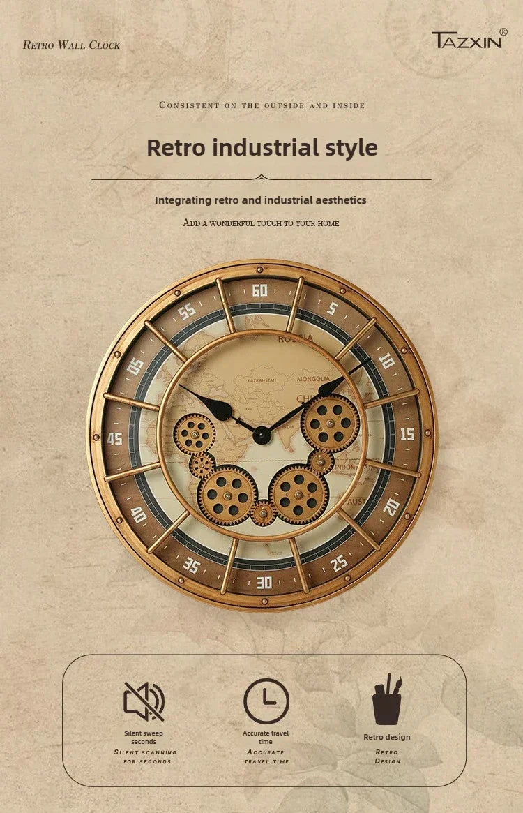 Retro Industrial Roman Wall Clock  Gear Rotation Clock Living Room Decorative Wall Clock Stylish Silent Wall Clock Quartz Clock