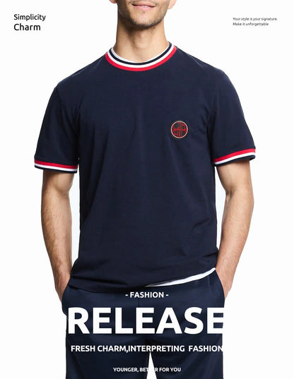 Mens T Shirts Cotton Mens Casual Short Sleeve Solid Stripe O Neck Soft T-Shirts Basic 2025 Men's Loose Fit Tee Shirt Tops