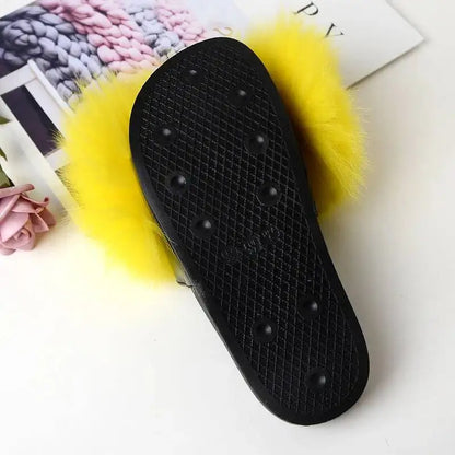Summer Women Fur Slides Fluffy Furry Slippers Indoor Fuzzy Flip Flops Casual Outdoor Flat Ladies Fur Sandals Plush House Shoes