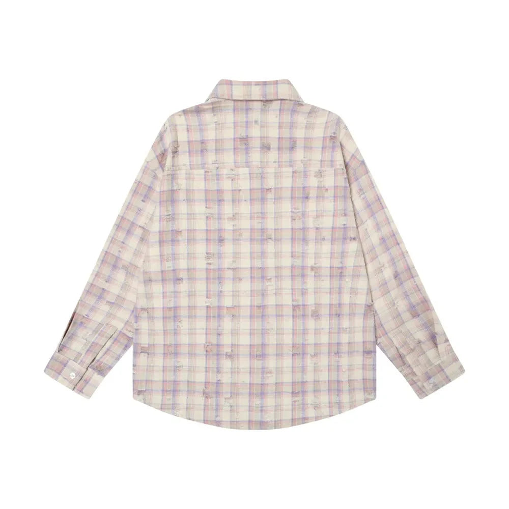 Ripped Plaid Long Sleeve Shirts Mens Pocket Autumn High Street Loose Lapel Single Breasted Checked Shirt Men
