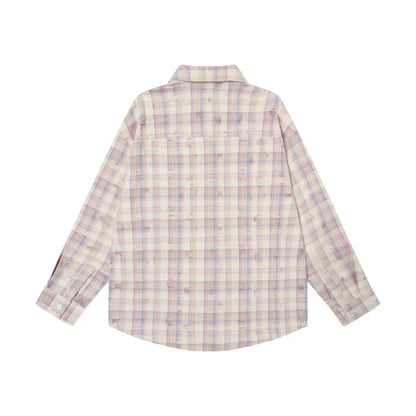 Ripped Plaid Long Sleeve Shirts Mens Pocket Autumn High Street Loose Lapel Single Breasted Checked Shirt Men