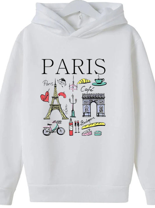 Girls Paris Landmarks & Food Pattern Print Hoodie Sweatshirt GYM Lover Thick Birthday Gift Top for Kids