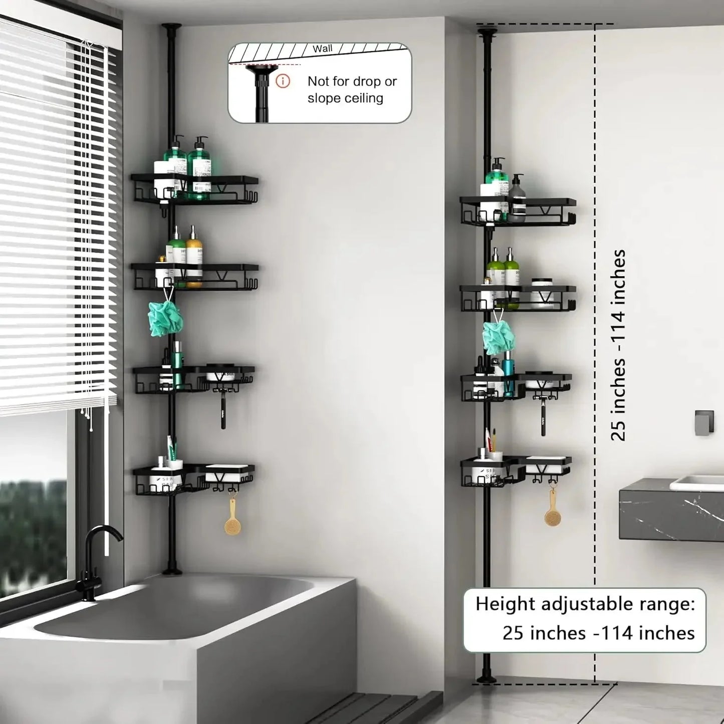 Corner Shower Caddy Tension Pole - 4 Tier Stainless Steel Rustproof Shower Corner Caddy for Bathroom Shower Organizer