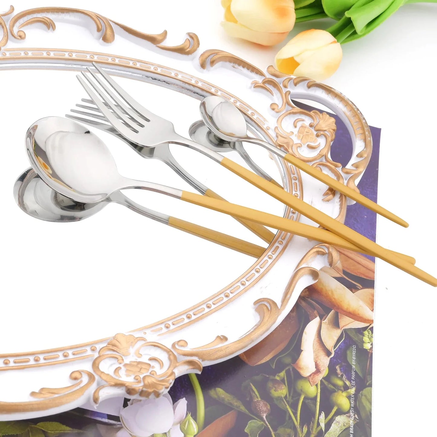 Western Purple Silver Tableware New Dinnerware Set 4Pcs Stainless Steel Kitchen Knife Fork Spoon Complete Cutlery Flatware Set