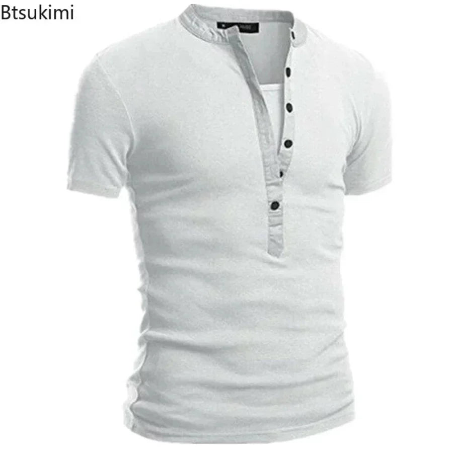 2026 Men's Summer Casual Shirts Solid V-neck Button Slim Fit T-Shirts for Men Fashion Short Sleeve Tees Tops Men Clothing S-3XL