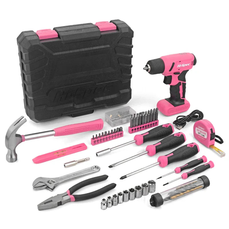 Hi-Spec 92-Piece Pink Home Tool Box Set, Multi-Function Hand Repair Kit with Hammer Cordless Power Drill Combo for Household DIY