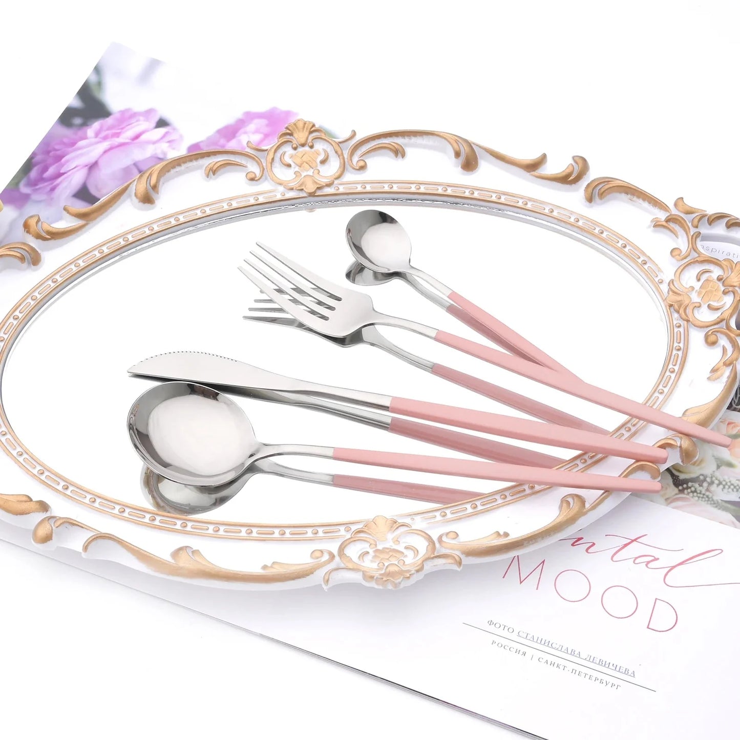 Western Purple Silver Tableware New Dinnerware Set 4Pcs Stainless Steel Kitchen Knife Fork Spoon Complete Cutlery Flatware Set