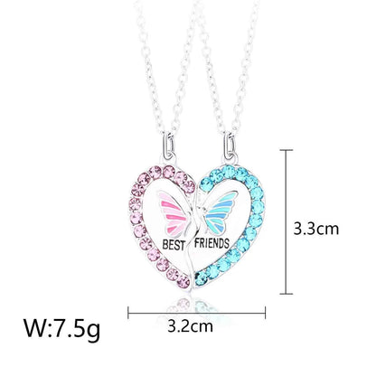 BFF Necklace for 2, Best Friend Cute Zircon Crystal Butterfly Valentines Day Gifts Matching Heart Pendant Friendship Necklaces