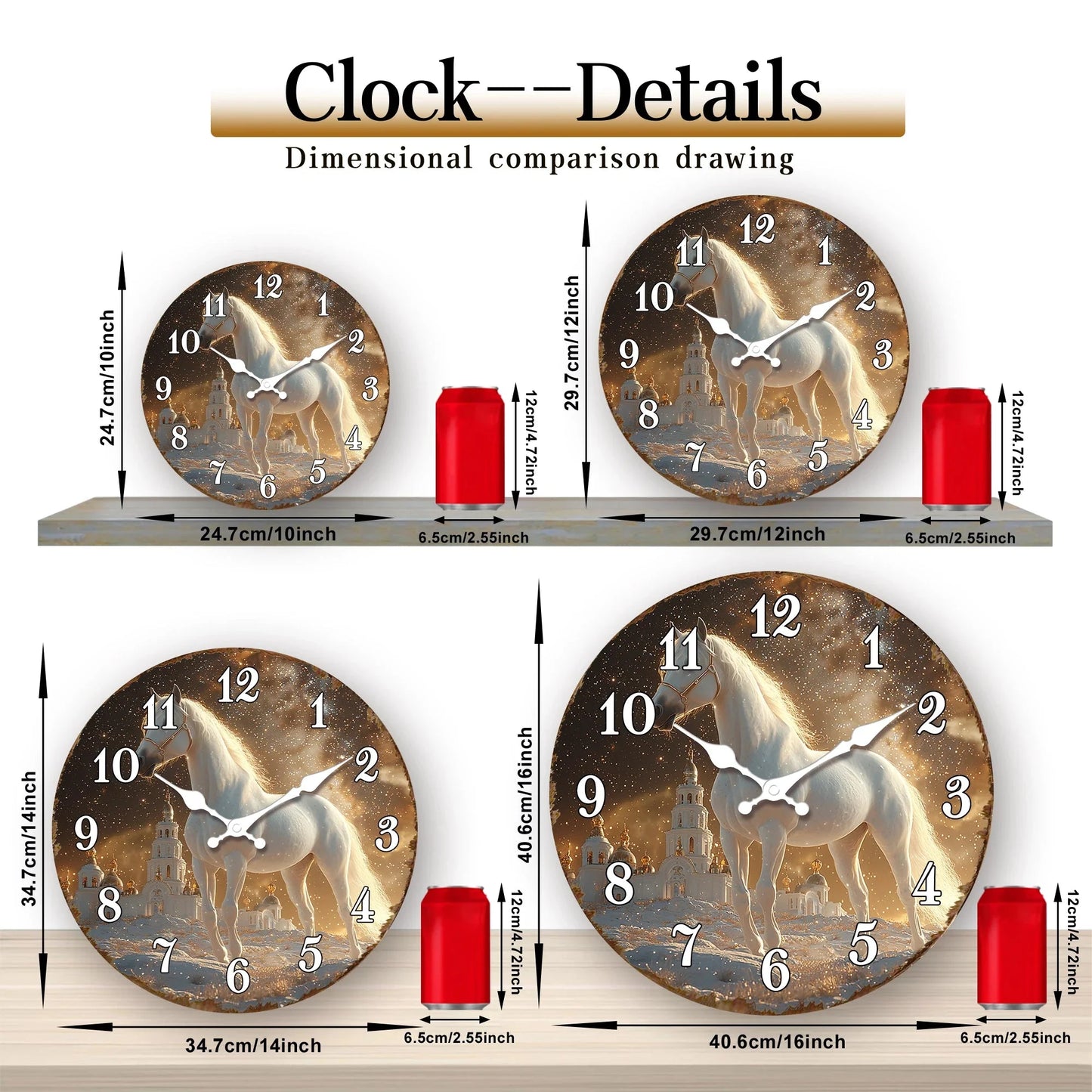 White Horse in Snowy Landscape Round Wall Clock, Ethereal Equine Art Decorative Clock, Dreamy Winter Scene Timepiece for Wall Ar