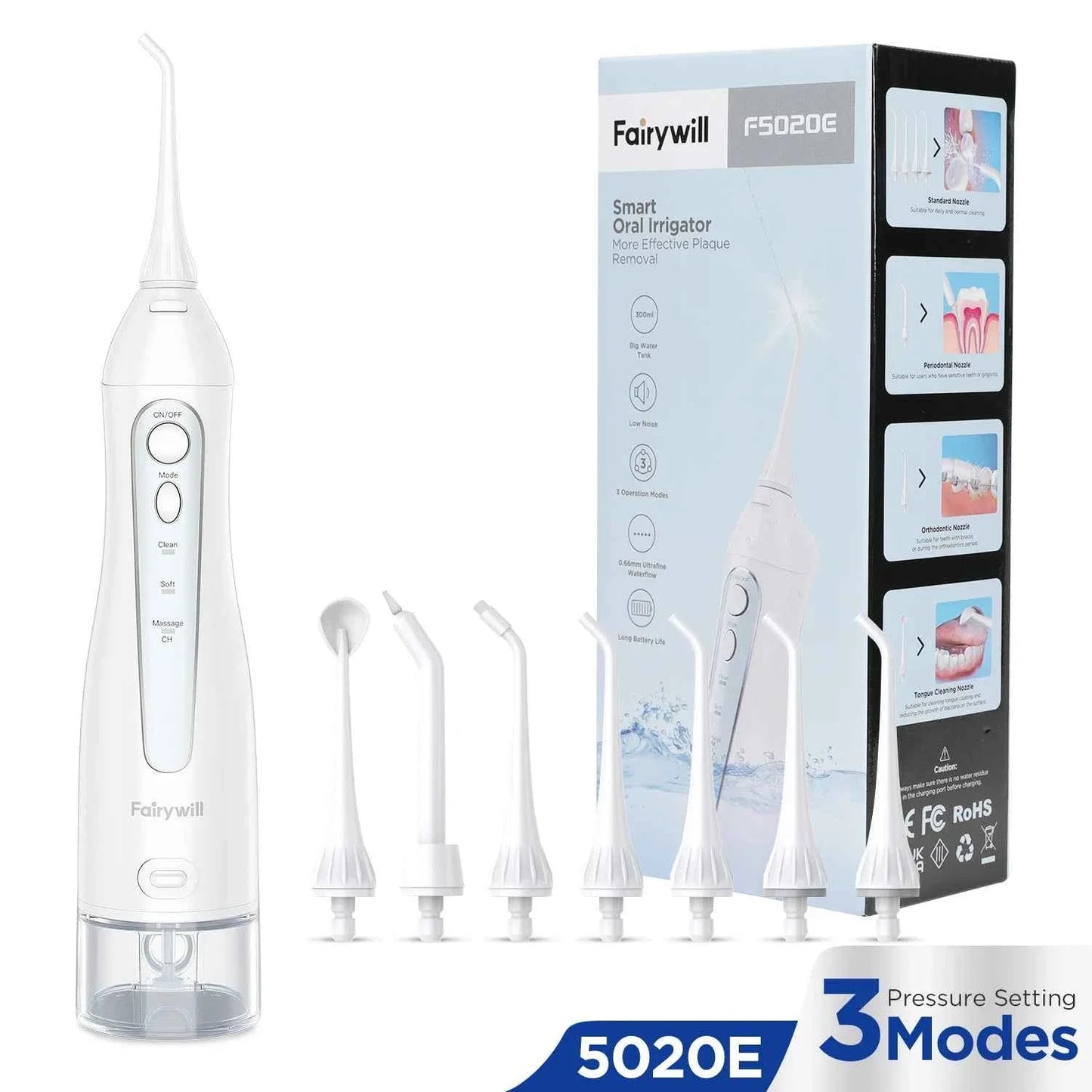 Fairywill Portable Dental Water Flosser - 300ML USB Rechargeable Oral Irrigator with 7 Jet Tips