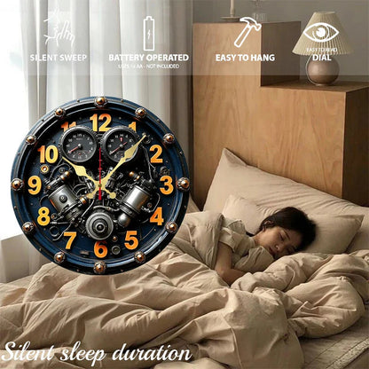 2D Flat Exquisite Engine Wooden Round Silent Hanging Wall Clock, For Living Room, Office, Study Room, Bedroom, Home Decoration.