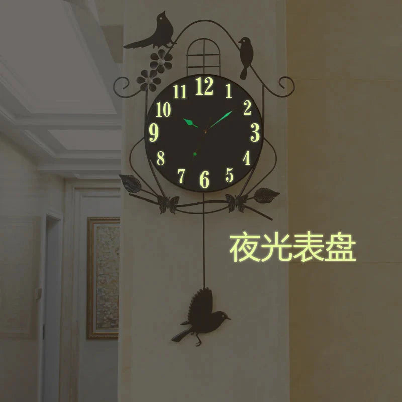 Creative Black Iron Swing Hanging Bird Wall Clock, Durable, Electronic, Large, Arts And Crafts, Modern Design