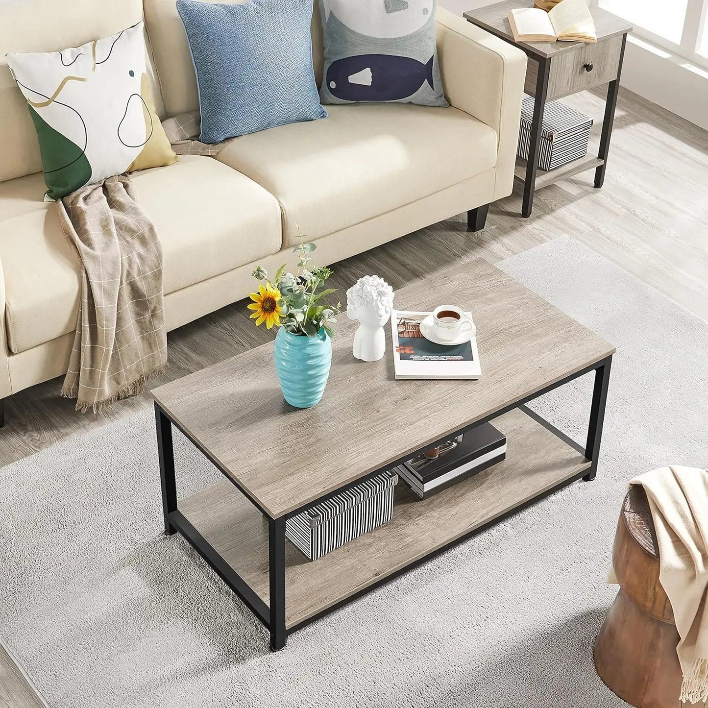 Coffee Tea Table with Metal Frame, Coffee with Open Storage Shelf, Vintage Accent Furniture for Living Room