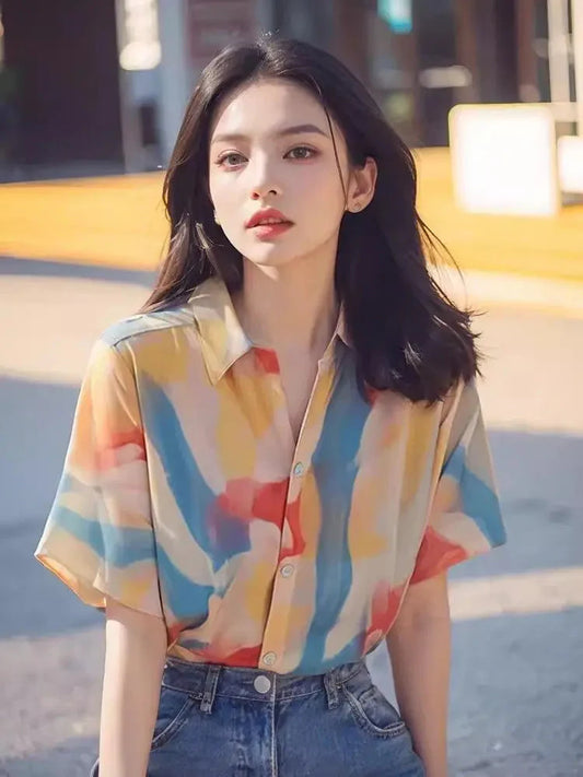 French Chic Top Print Versatile Elegant Casual Chiffon Short-sleeved Shirt for Women