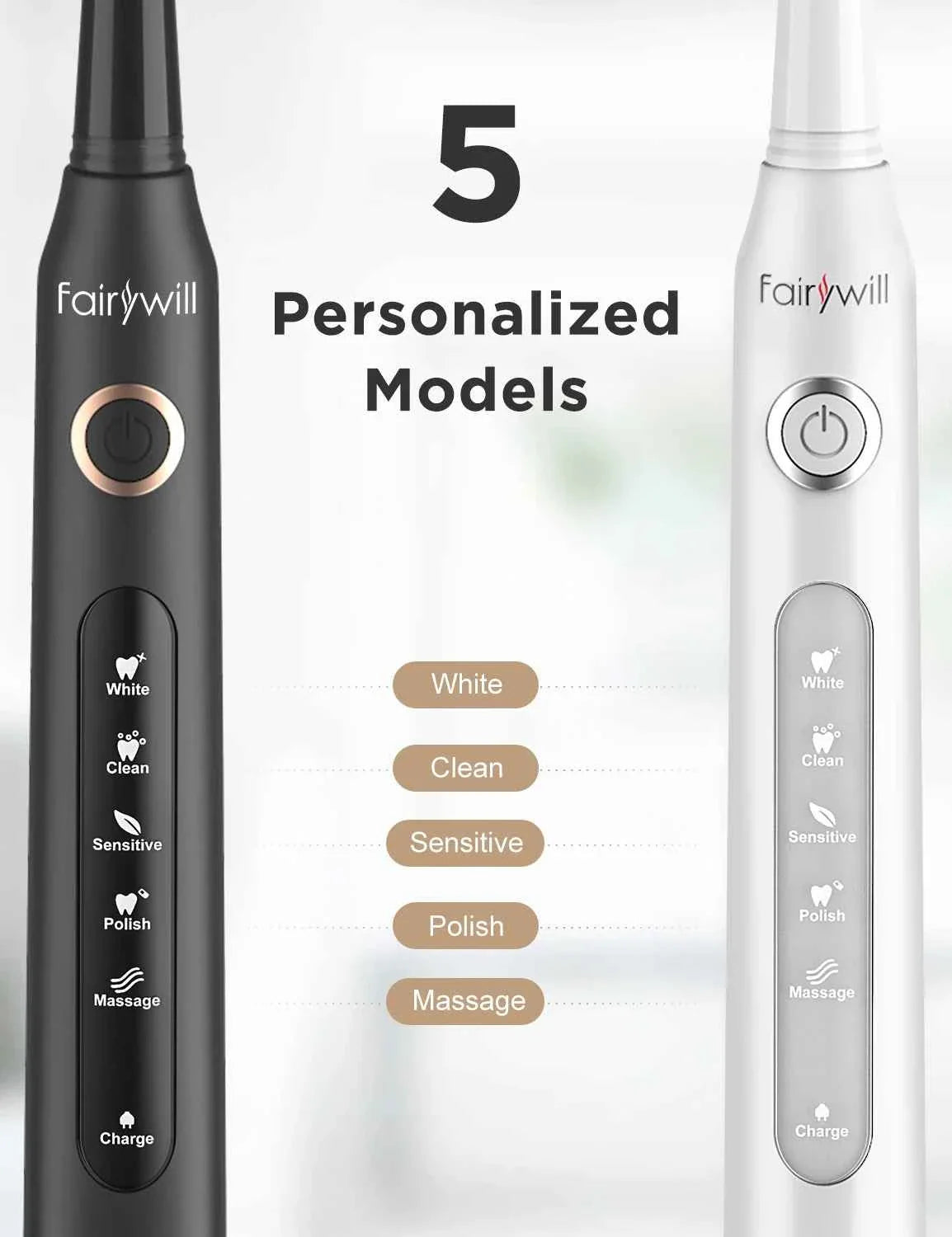 Fairywill FW-D7 Sonic Electric Toothbrush Set - 5 Modes Rechargeable Adult Toothbrush with Travel Case & 8 Heads