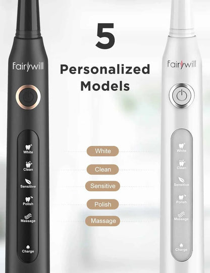 Fairywill FW-D7 Sonic Electric Toothbrush Set - 5 Modes Rechargeable Adult Toothbrush with Travel Case & 8 Heads