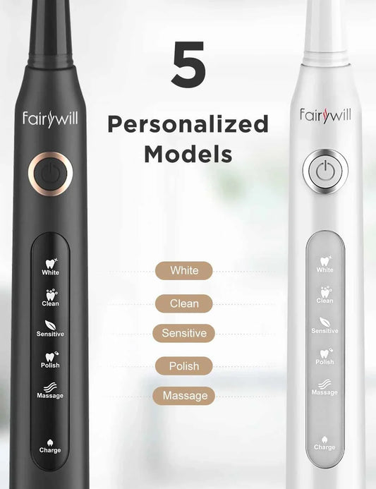 Fairywill FW-D7 Sonic Electric Toothbrush Set - 5 Modes Rechargeable Adult Toothbrush with Travel Case & 8 Heads