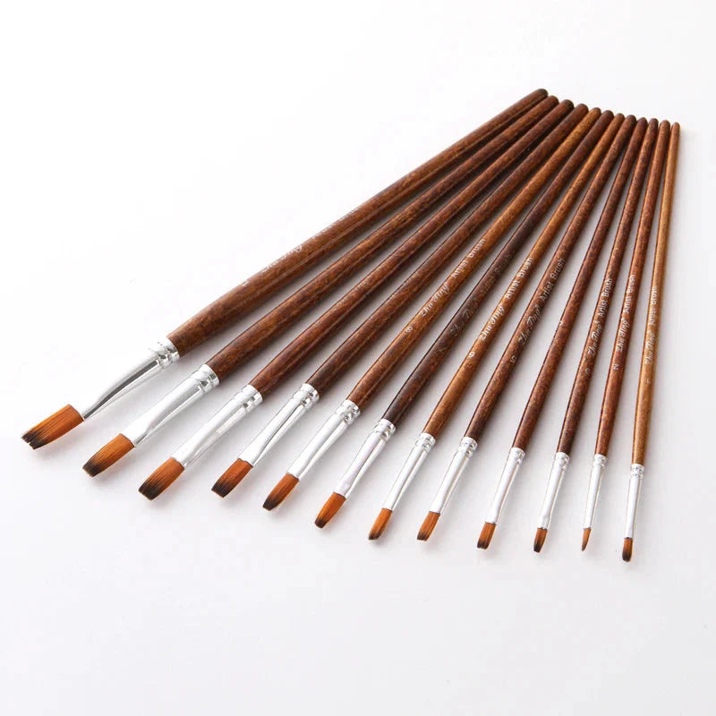12 Pcs/set Nylon Hair Wooden Handle Watercolor Paint Brush Pen Set Learning DIY Oil Acrylic Painting Art Paint Brushes Supplies