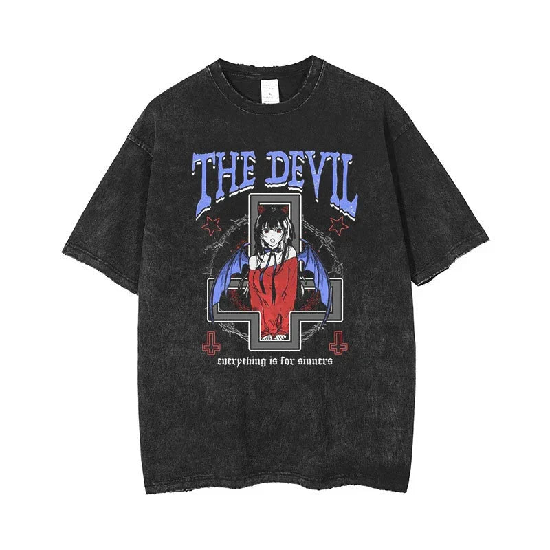 Anime Men's T Shirts Gothic Printed T-Shirt Hip Hop Streetwear Punk Summer Vintage Washed Oversized Tops Men Clothing