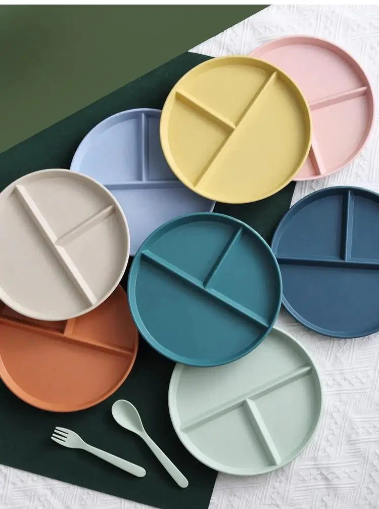 23cm Sub-grid Plate Fat-reducing Sub-plate Children's Tableware Three-grid Rice Plate Separated Dessert Breakfast Plate Kitchen