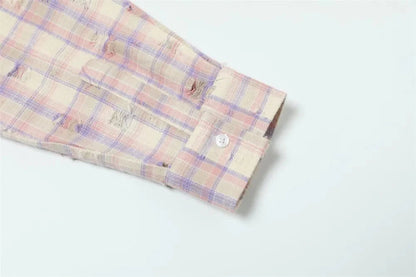 Ripped Plaid Long Sleeve Shirts Mens Pocket Autumn High Street Loose Lapel Single Breasted Checked Shirt Men