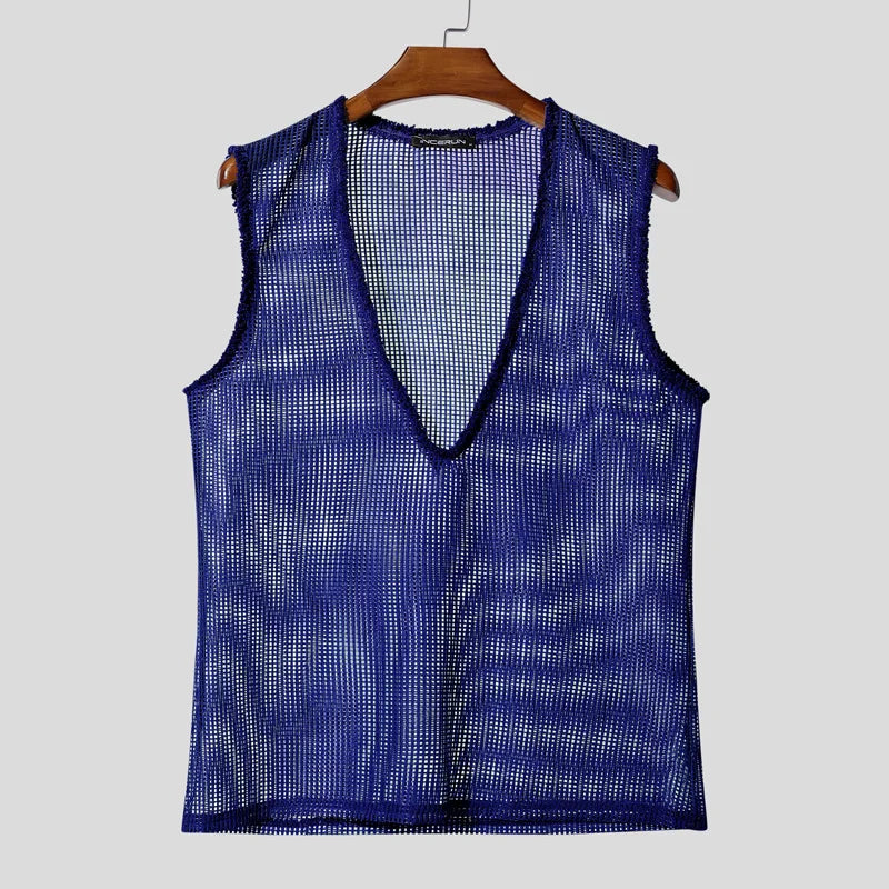 INCERUN Men Tank Tops Hollow Out Mesh See Through Sexy Tassel Male Vests Summer 2025 Solid Color Fashion Streetwear Men Clothing