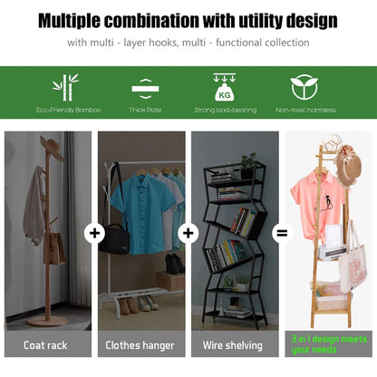 Bamboo Coat Rack Free Standing 2-Shelves Clothing Storage Garment Organizer Stand with 8 Hooks Clothes Poles 55kg Load-bearing f