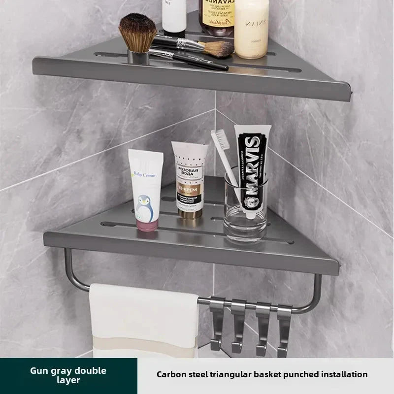 Bathroom Triangle Drain Shelf No Drilling Wall Mounted Cosmetic and Toiletries Hollow Carbon Steel Shelf with Hooks