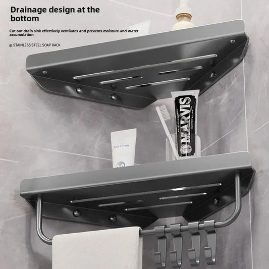Bathroom Triangle Drain Shelf No Drilling Wall Mounted Cosmetic and Toiletries Hollow Carbon Steel Shelf with Hooks