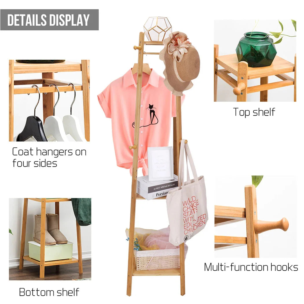 Bamboo Coat Rack Free Standing 2-Shelves Clothing Storage Garment Organizer Stand with 8 Hooks Clothes Poles 55kg Load-bearing f