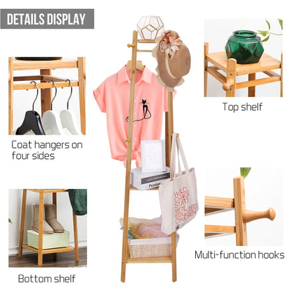 Bamboo Coat Rack Free Standing 2-Shelves Clothing Storage Garment Organizer Stand with 8 Hooks Clothes Poles 55kg Load-bearing f