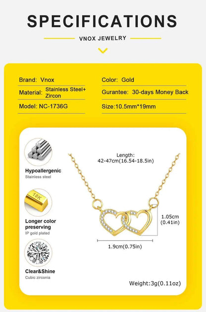 Vnox Double Zircon Heart Necklace For Women,Stainless Steel Cute Simple  Necklace For Mother And Daughter,Trendy Jewelry Gifts