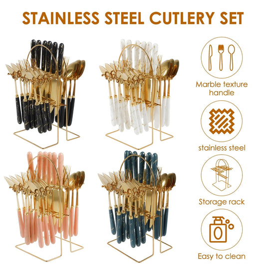 24-Piece Stainless Steel Silverware Set with Vertical Hanging Storage Rack - Mirror Polished Flatware