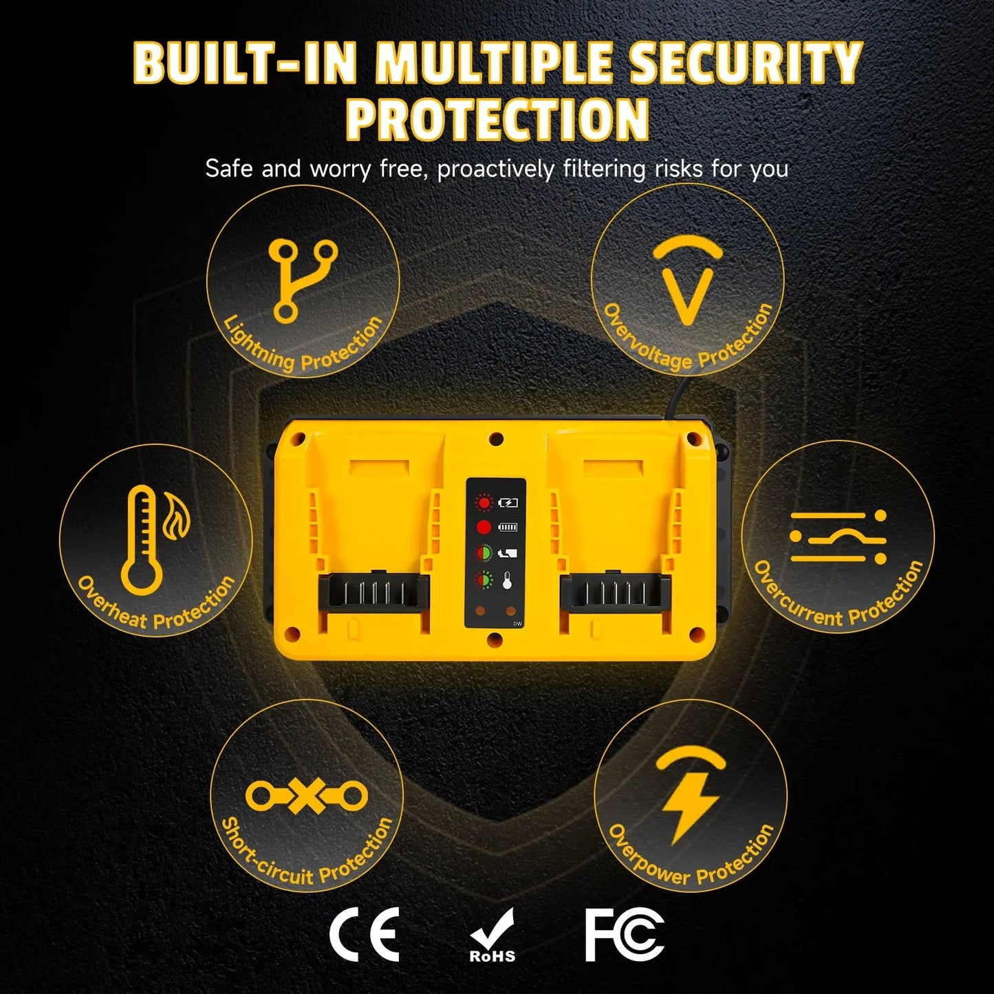 90W Battery Charger Replacement for Dewalt 18V 20V Lithium Battery Rechargeable DCB207 DCB206 DCB204 DCB203 Fast Dual Charger